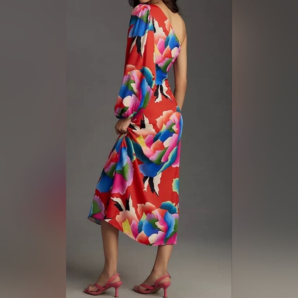 FARM Rio One-Shoulder Floral Midi Dress in Red with Multicolor Blooms - Picture 9 of 9